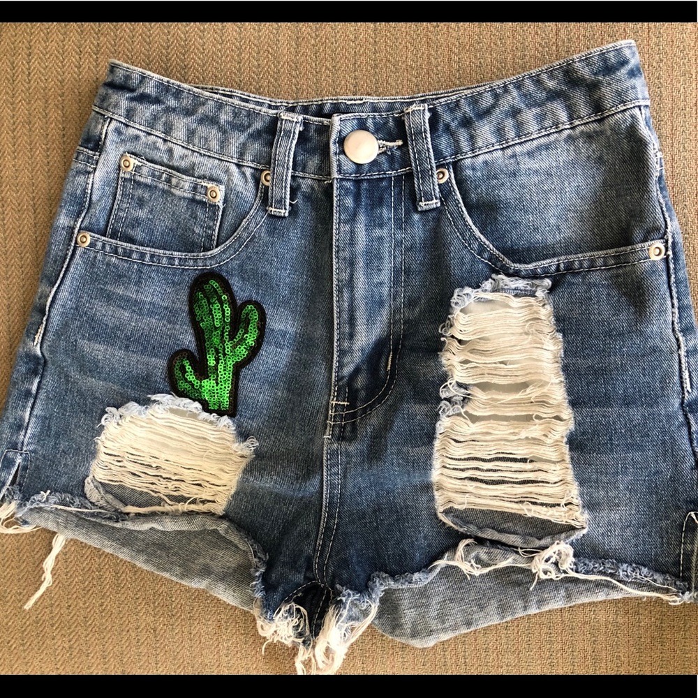 High Waisted mid wash denim, sequin cactus